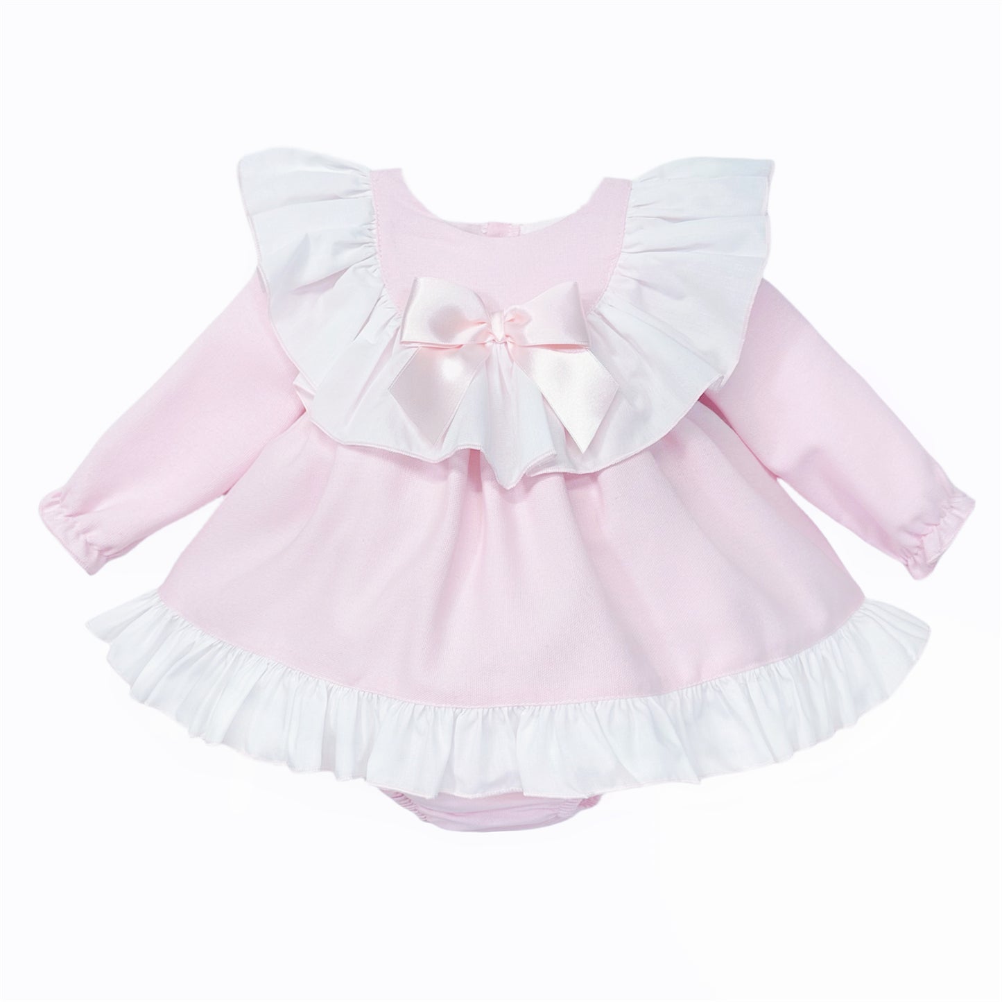 Pale pink long-sleeved baby dress with white ruffle collar and bow