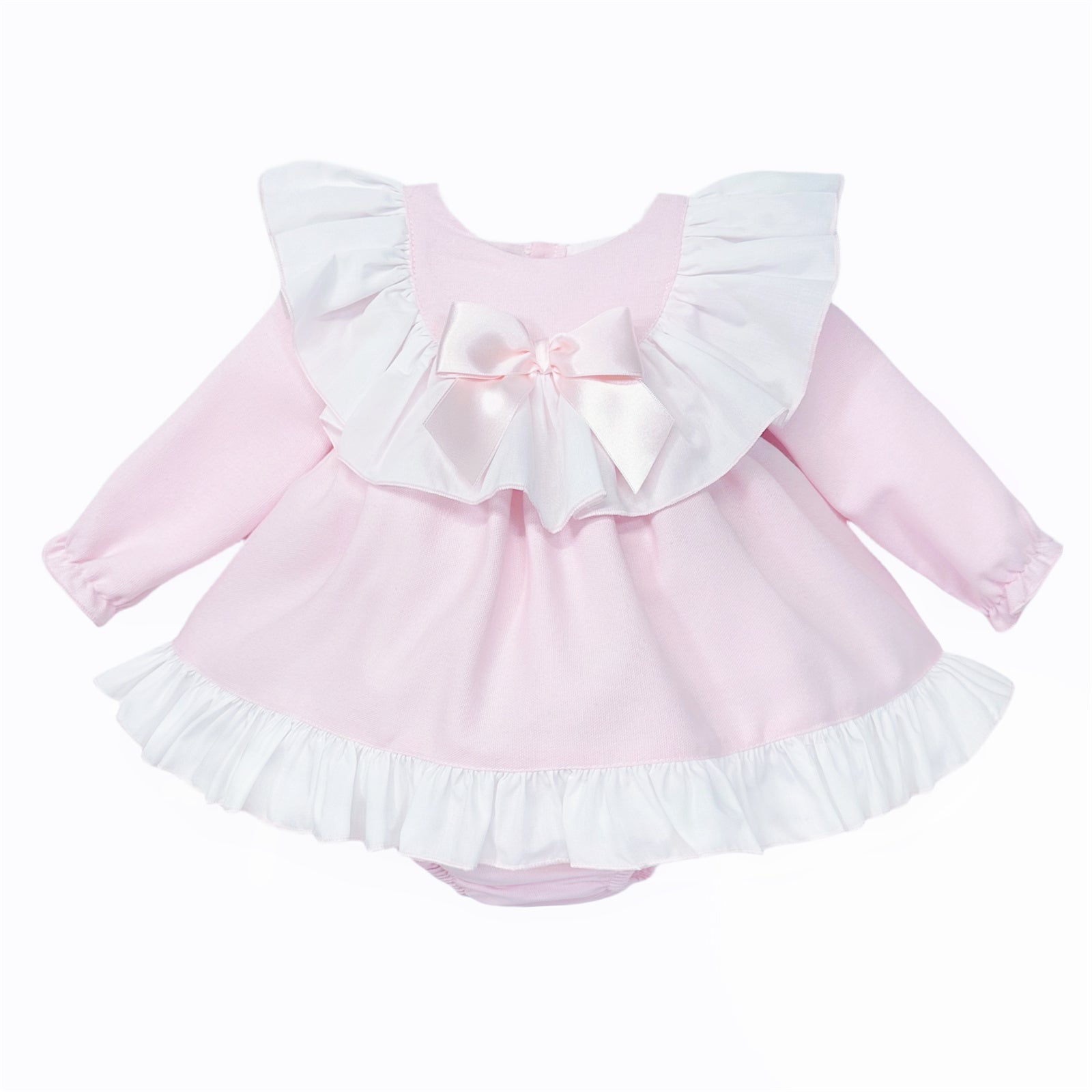 Pale pink long-sleeved baby dress with white ruffle collar and bow