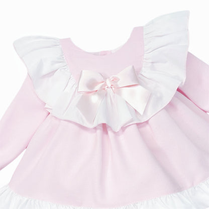 Pale pink baby dress white ruffle collar and satin bow detail