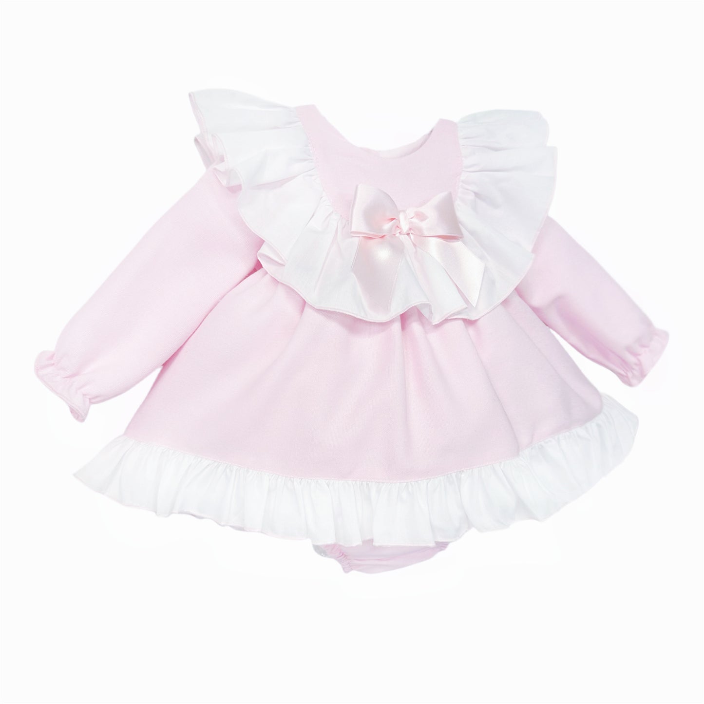 Baby girls pale pink ruffle dress and matching pants, alternate view