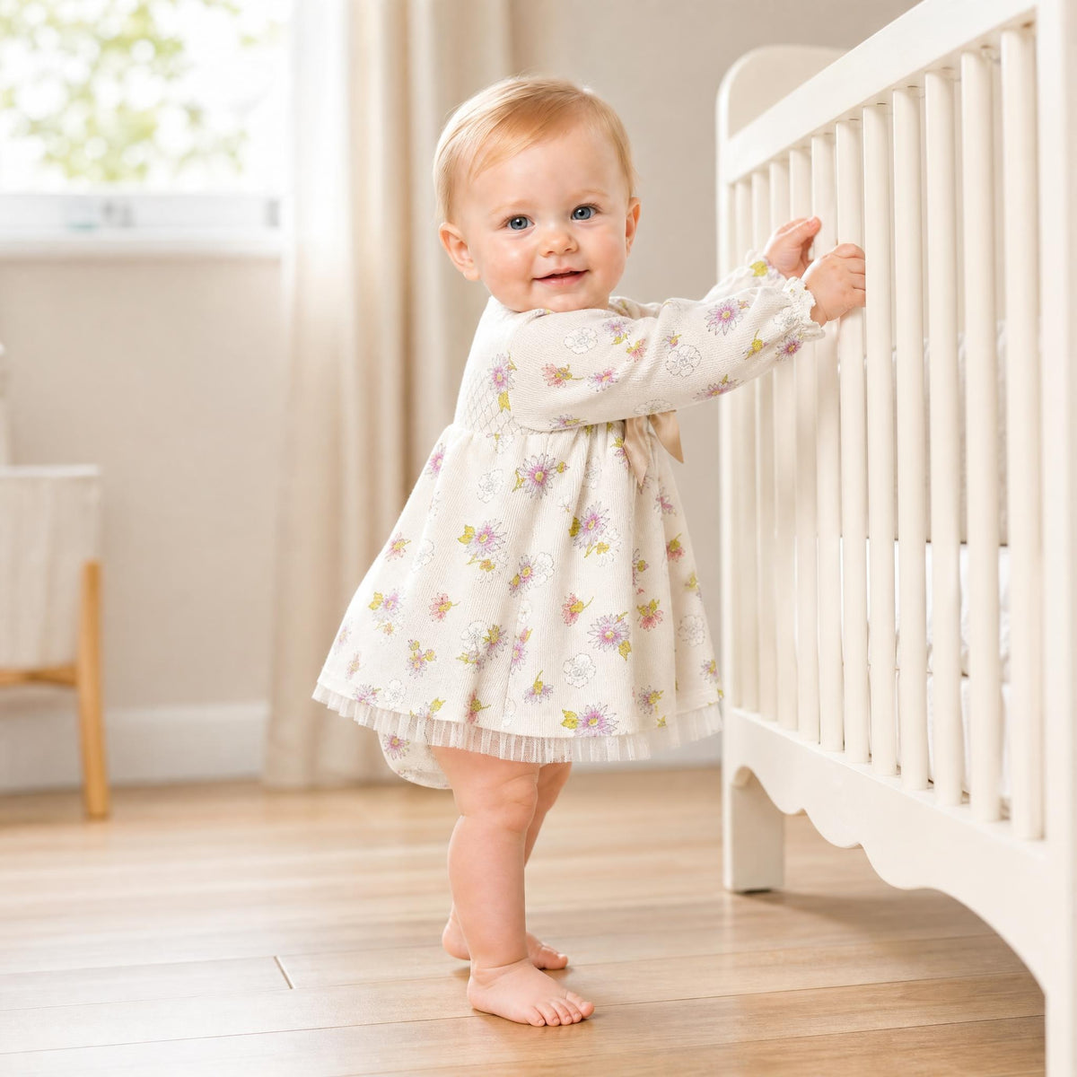 Baby Girls Cream Floral Smocked Dress With Pants