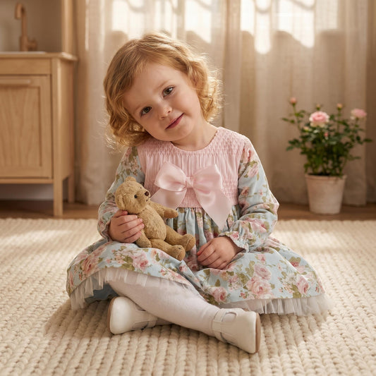 Baby Girls Blue Pink Floral Smocked Dress With Pants