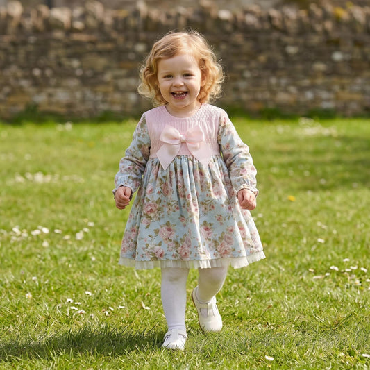 Baby Girls Blue Pink Floral Smocked Dress With Pants