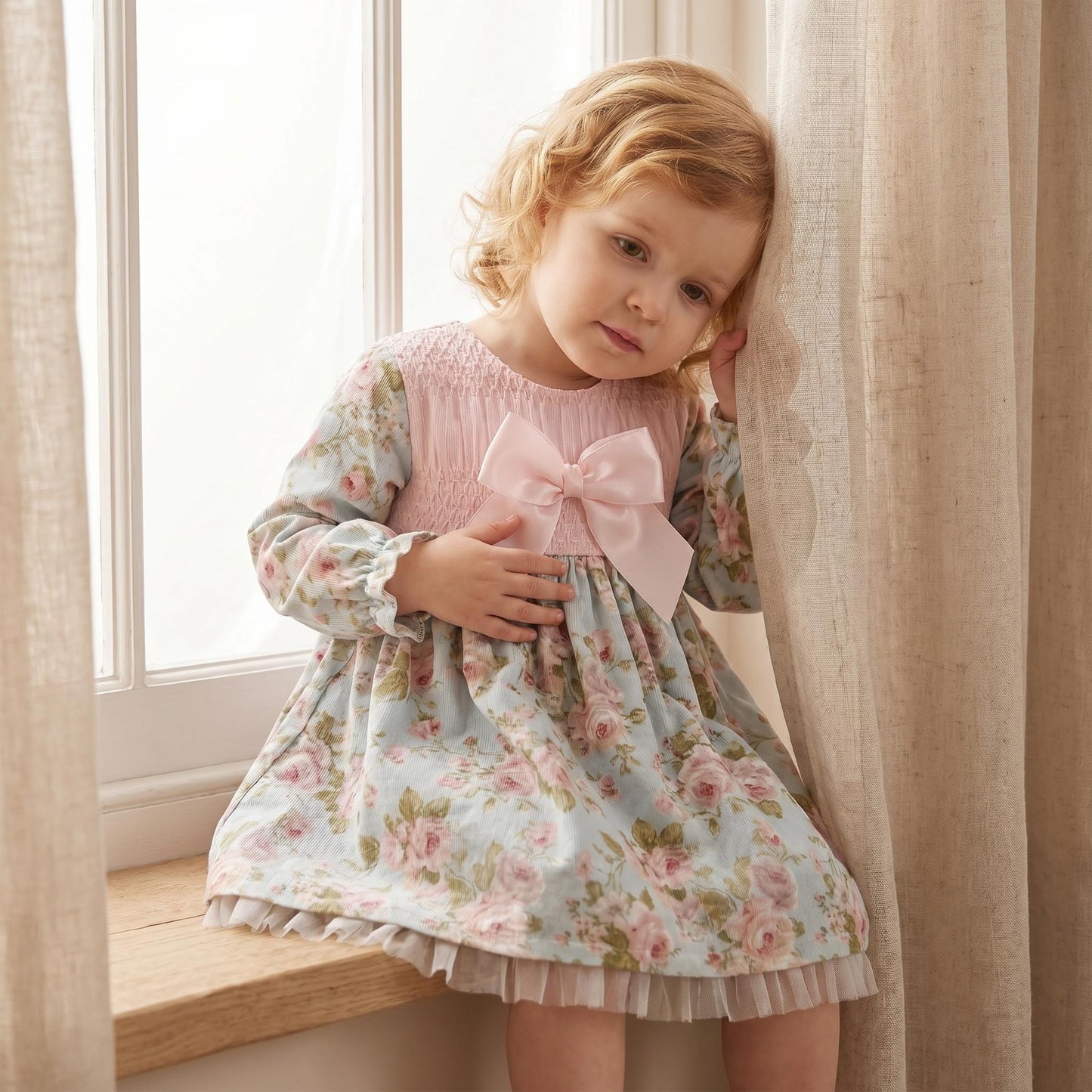 Baby Girls Blue Pink Floral Smocked Dress With Pants