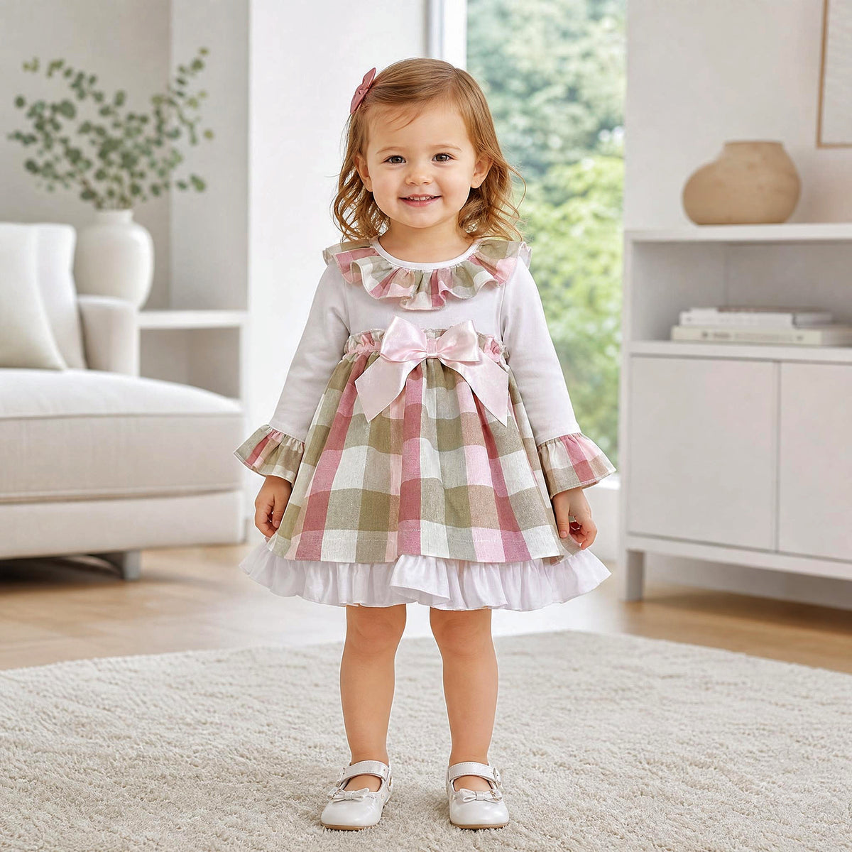 Baby Girls Beige Checked Puff Dress & Pants Set
