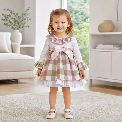 Baby Girls Beige Checked Puff Dress & Pants Set