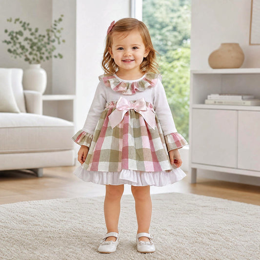 Baby Girls Beige Checked Puff Dress & Pants Set
