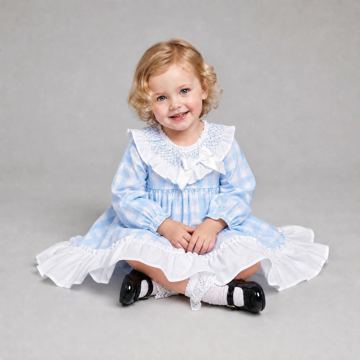 Baby Girls Blue Checked Smock Collar Dress With Pants
