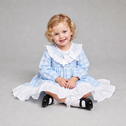 Baby Girls Blue Checked Smock Collar Dress With Pants