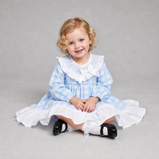 Baby Girls Blue Checked Smock Collar Dress With Pants