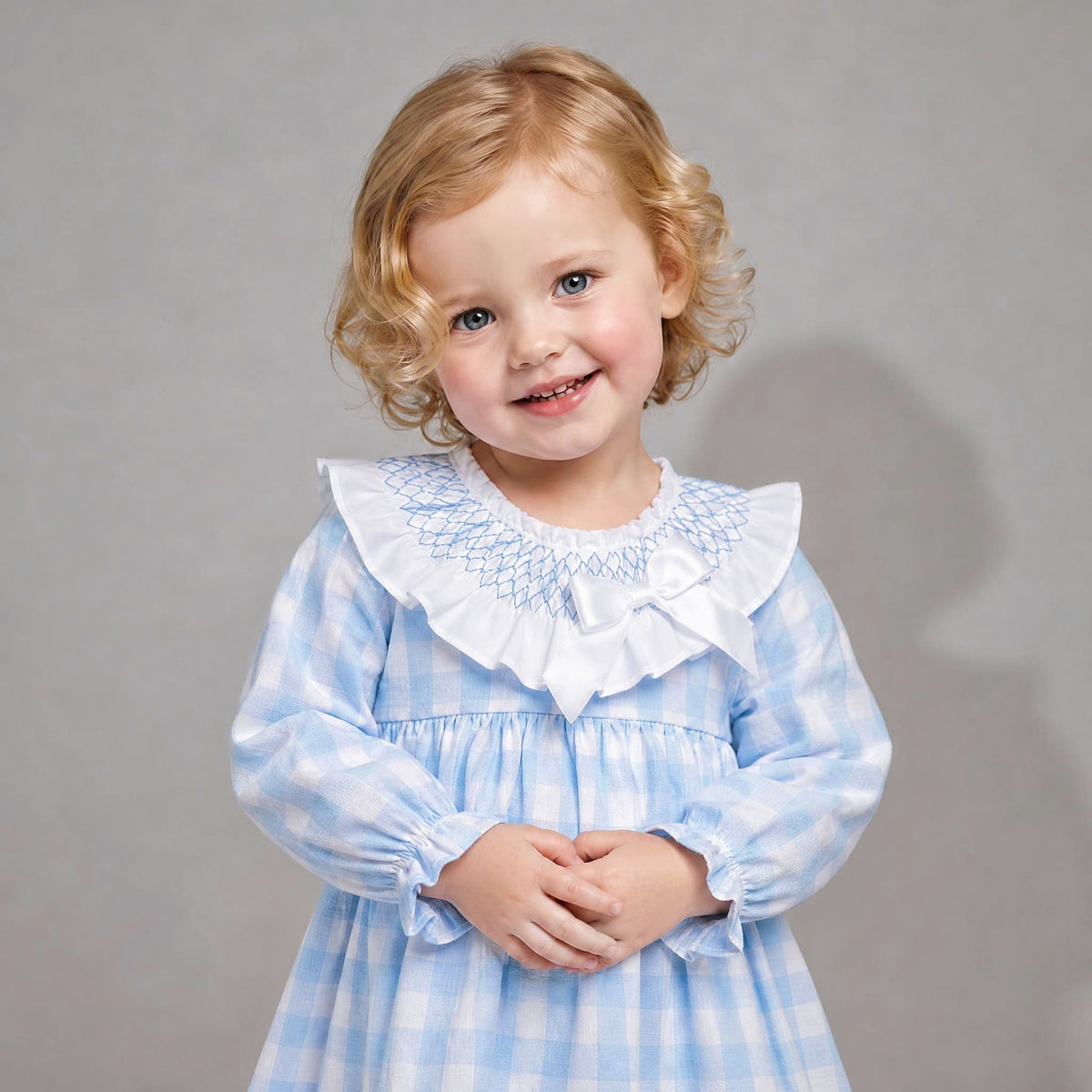 Baby Girls Blue Checked Smock Collar Dress With Pants