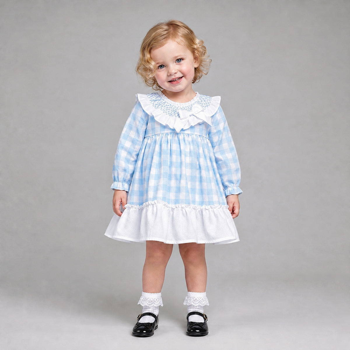 Baby Girls Blue Checked Smock Collar Dress With Pants