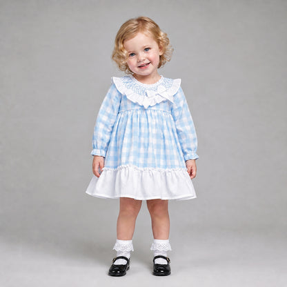 Baby Girls Blue Checked Smock Collar Dress With Pants