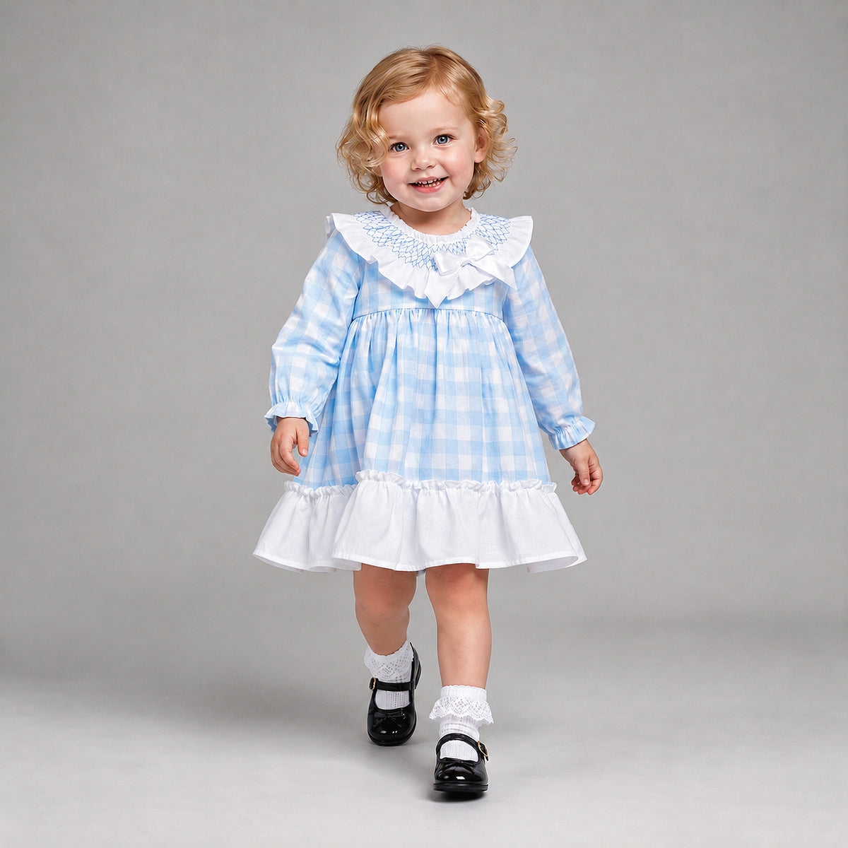 Baby Girls Blue Checked Smock Collar Dress With Pants