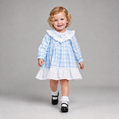Baby Girls Blue Checked Smock Collar Dress With Pants