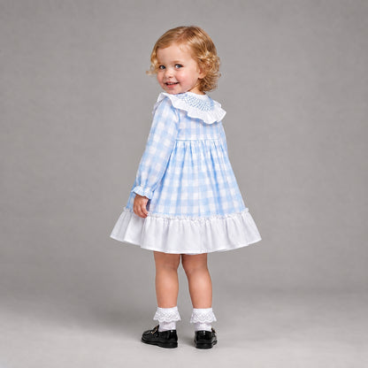 Baby Girls Blue Checked Smock Collar Dress With Pants