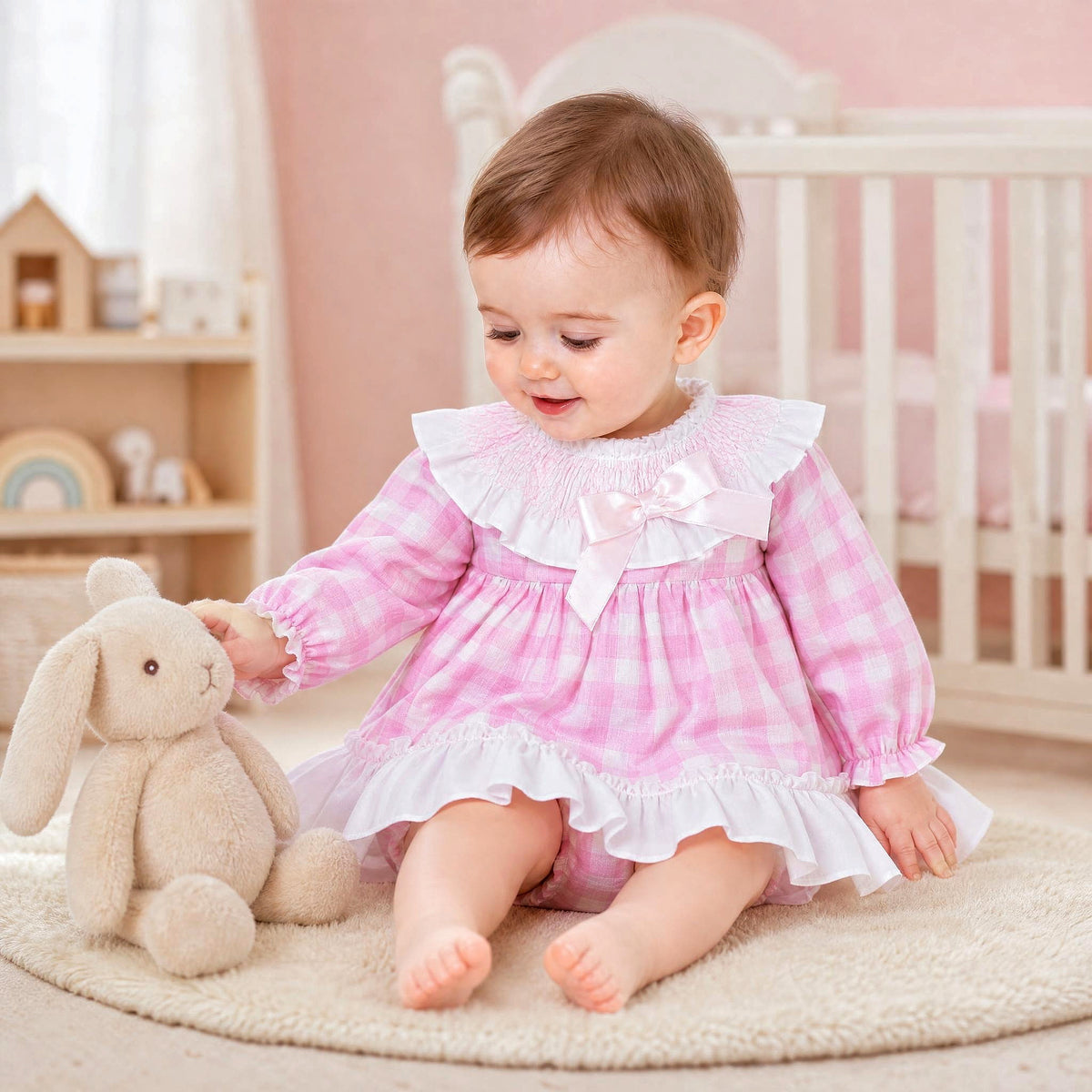 Baby Girls Pink Checked Smock Collar Dress With Pants