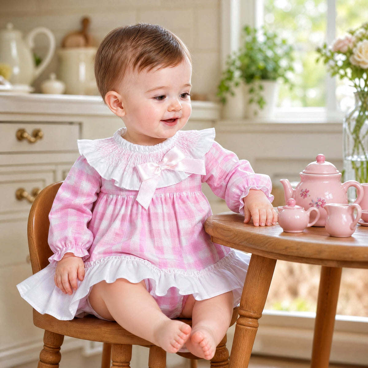 Baby Girls Pink Checked Smock Collar Dress With Pants