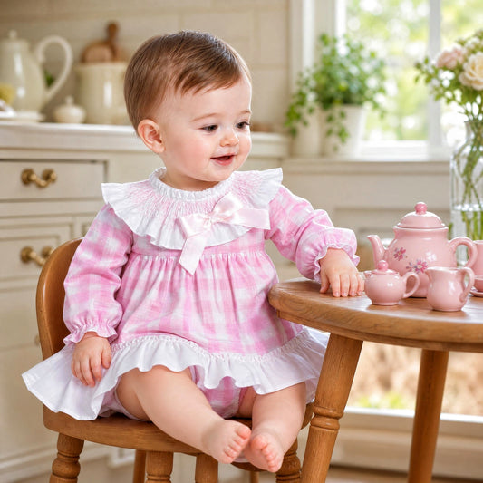 Baby Girls Pink Checked Smock Collar Dress With Pants