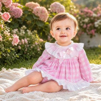 Baby Girls Pink Checked Smock Collar Dress With Pants