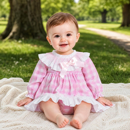 Baby Girls Pink Checked Smock Collar Dress With Pants