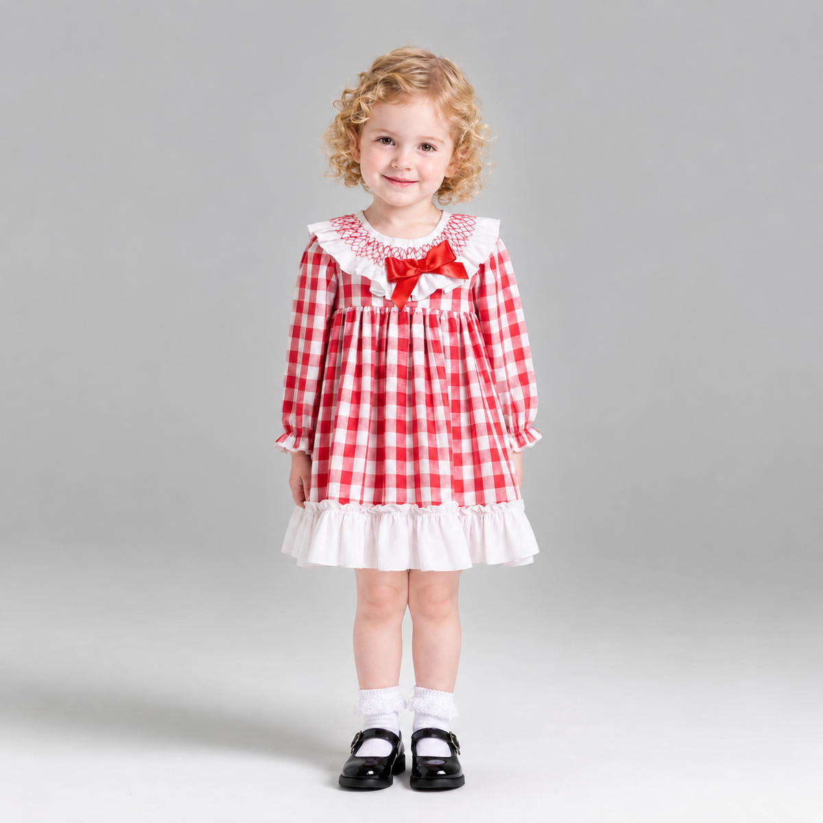 Baby Girls Red Checked Smock Collar Dress With Pants