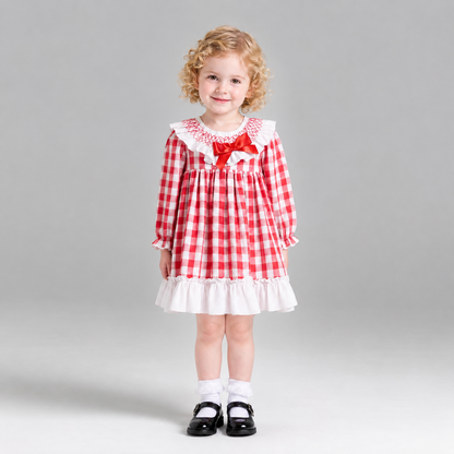 Baby Girls Red Checked Smock Collar Dress With Pants