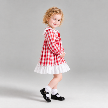 Baby Girls Red Checked Smock Collar Dress With Pants
