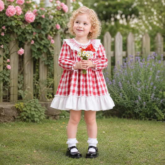 Baby Girls Red Checked Smock Collar Dress With Pants