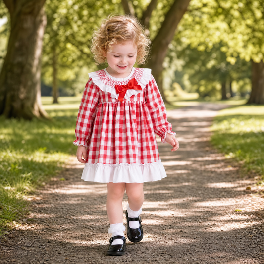 Baby Girls Red Checked Smock Collar Dress With Pants