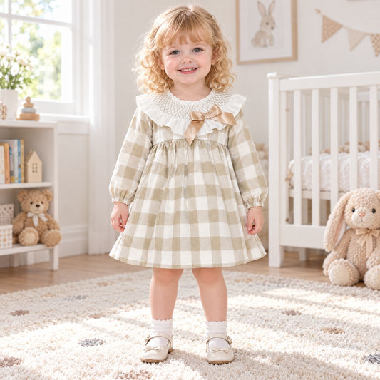 Baby Girls Camel Check Big Frilly Collar Dress With Pants