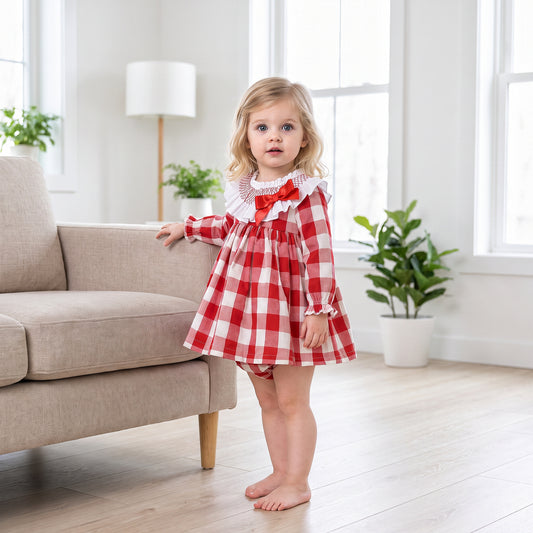 Baby Girls Red Checked Puff Dress With Pants