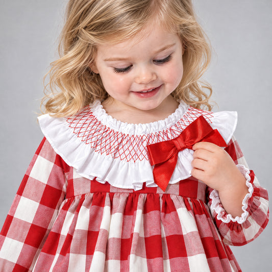 Baby Girls Red Checked Puff Dress With Pants