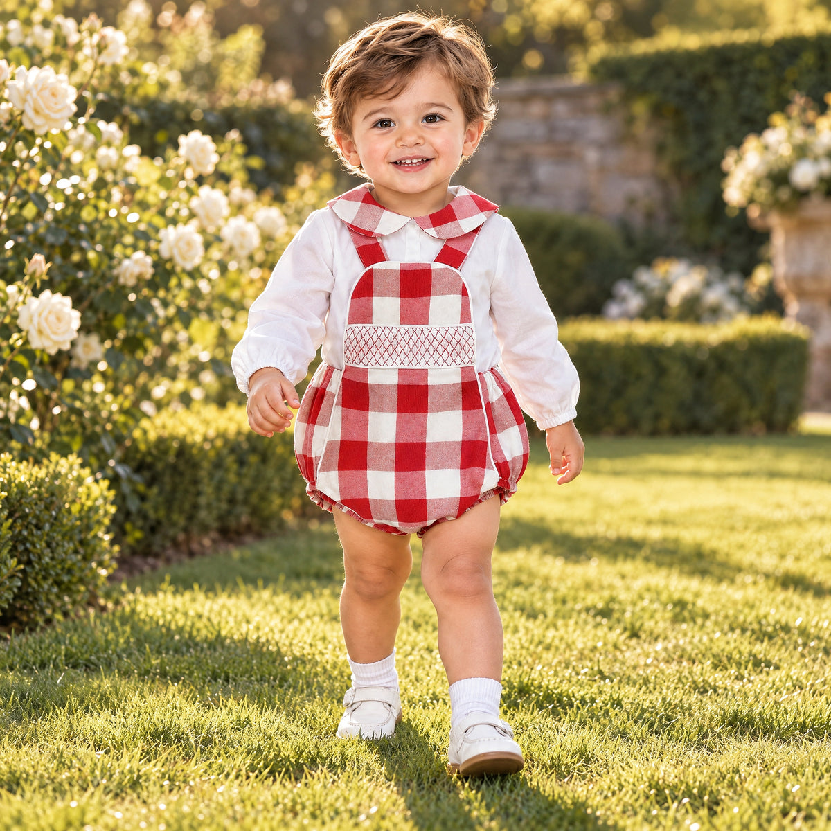 Baby Boys Red Check Smocked Romper Set with Shirt