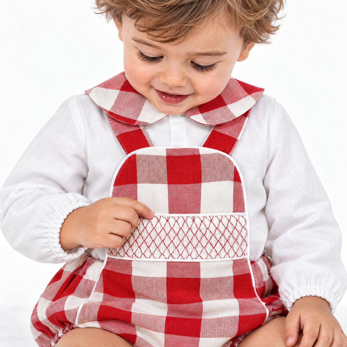 Baby Boys Red Check Smocked Romper Set with Shirt