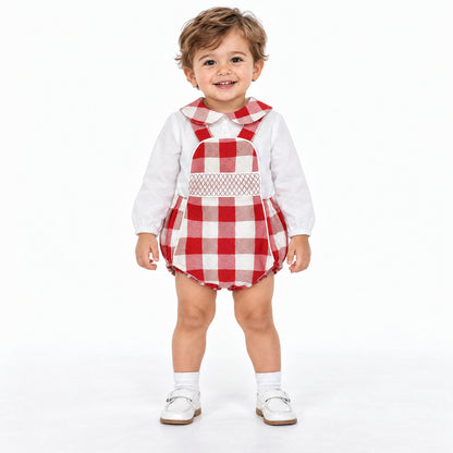 Baby Boys Red Check Smocked Romper Set with Shirt