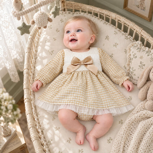 Camel Gingham Smocked Puff Dress With Pants
