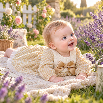 Camel Gingham Smocked Puff Dress With Pants