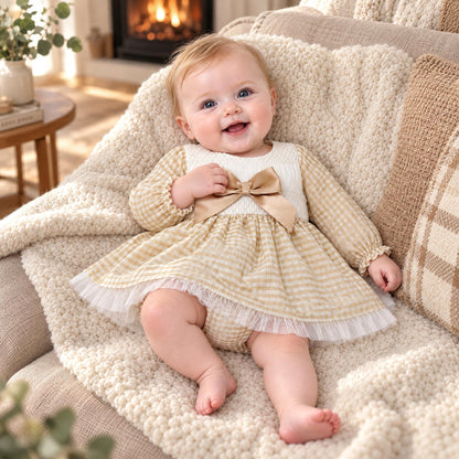 Camel Gingham Smocked Puff Dress With Pants