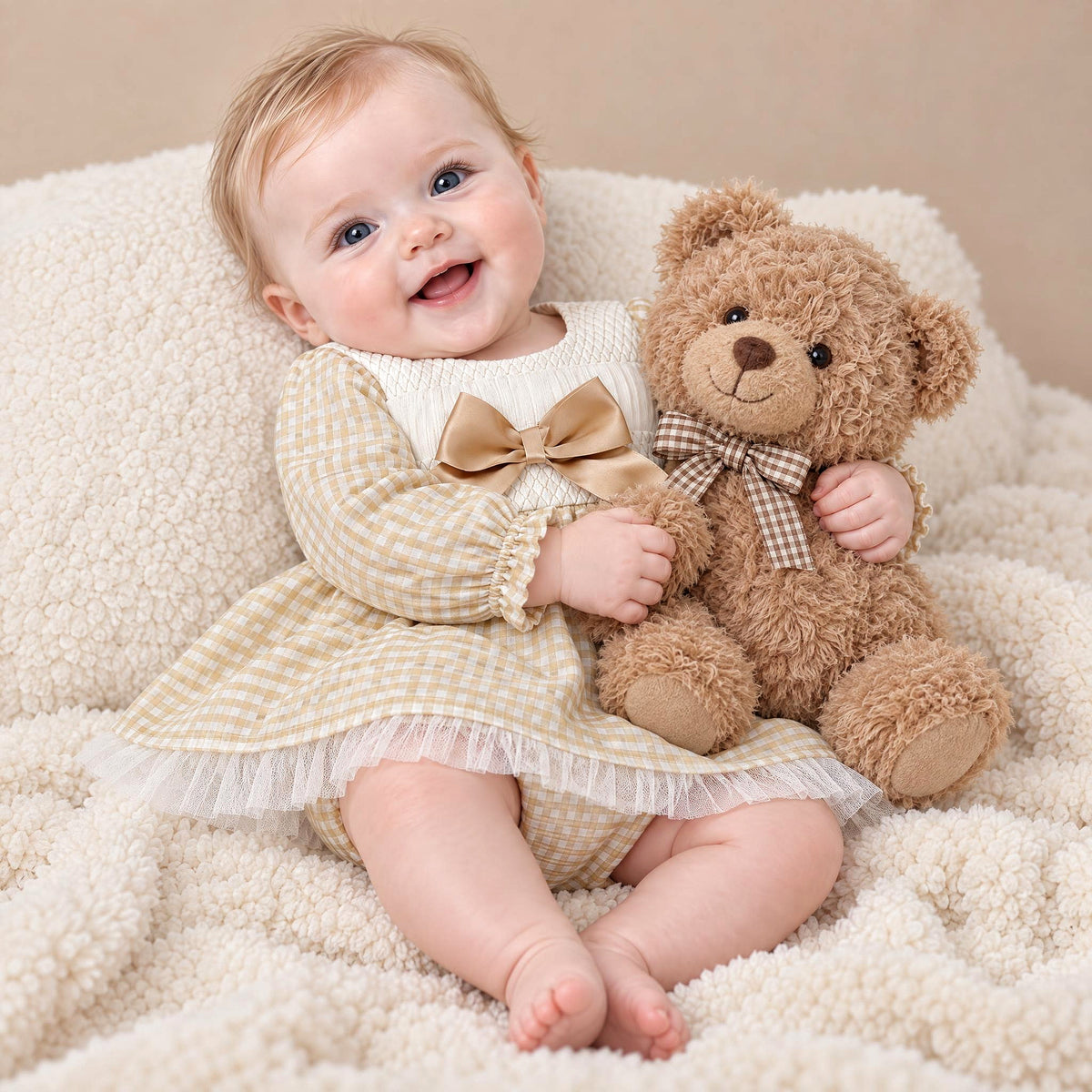 Camel Gingham Smocked Puff Dress With Pants