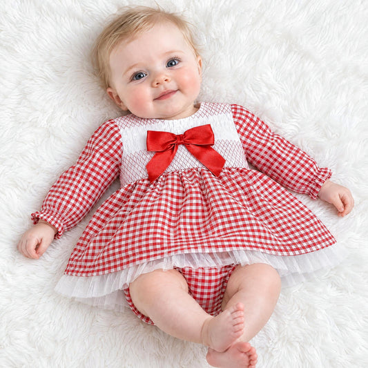 Baby Girls Red Gingham Smocked Puff Dress With Pants