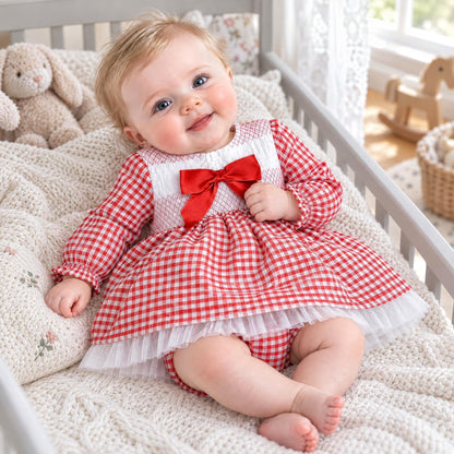 Baby Girls Red Gingham Smocked Puff Dress With Pants