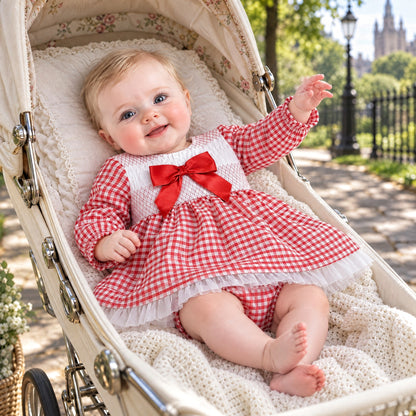 Baby Girls Red Gingham Smocked Puff Dress With Pants