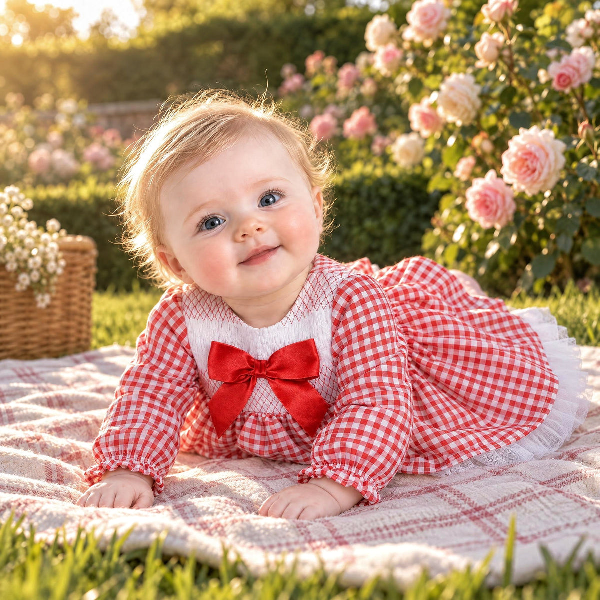 Baby Girls Red Gingham Smocked Puff Dress With Pants