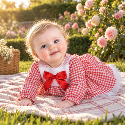 Baby Girls Red Gingham Smocked Puff Dress With Pants