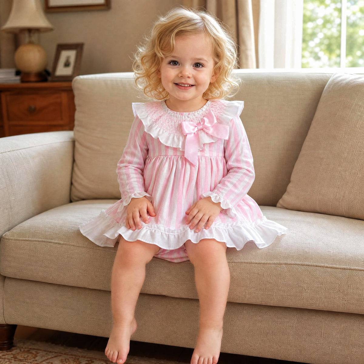 Baby Girls Pink Stripe Smocked Puff Sleeve Dress & Pants