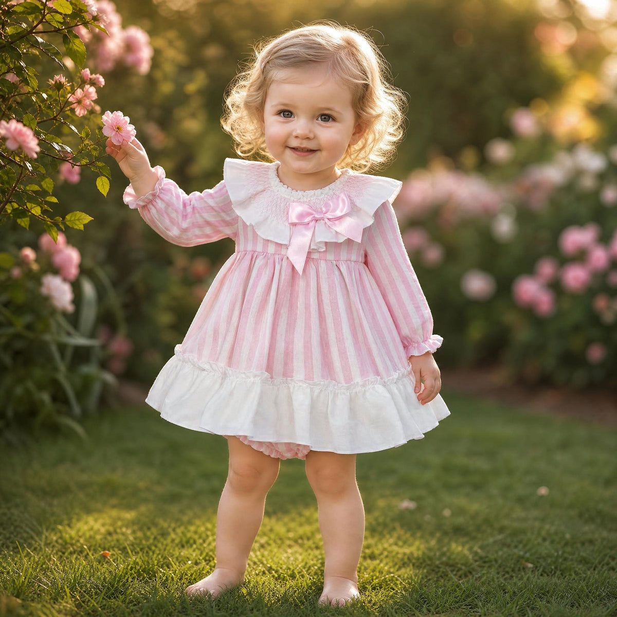 Baby Girls Pink Stripe Smocked Puff Sleeve Dress & Pants