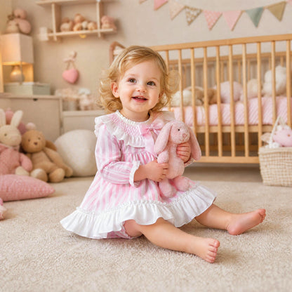 Baby Girls Pink Stripe Smocked Puff Sleeve Dress & Pants