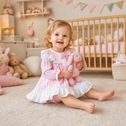 Baby Girls Pink Stripe Smocked Puff Sleeve Dress & Pants