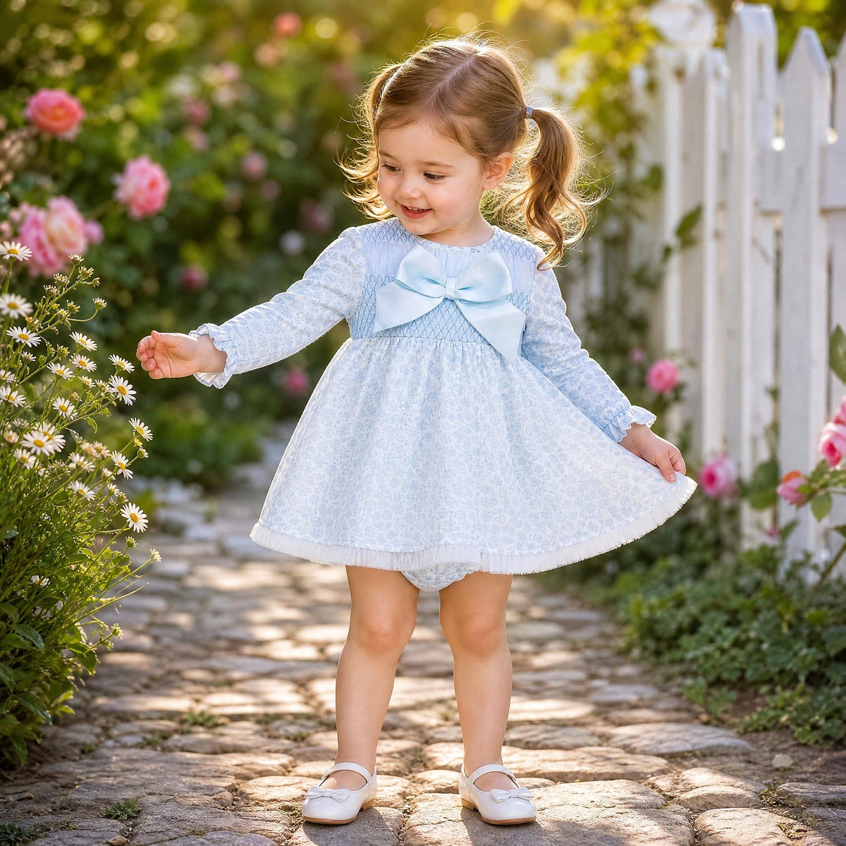 Baby Girls Blue Floral Smocked Dress With Pants